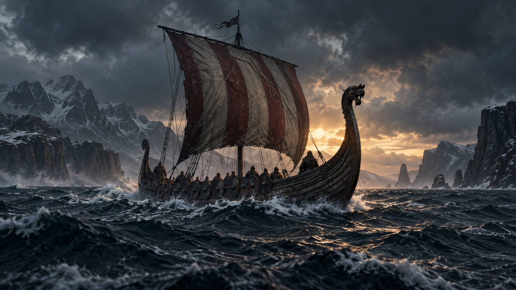 Vikingská loď na severním moři – Echoes from Valhalla