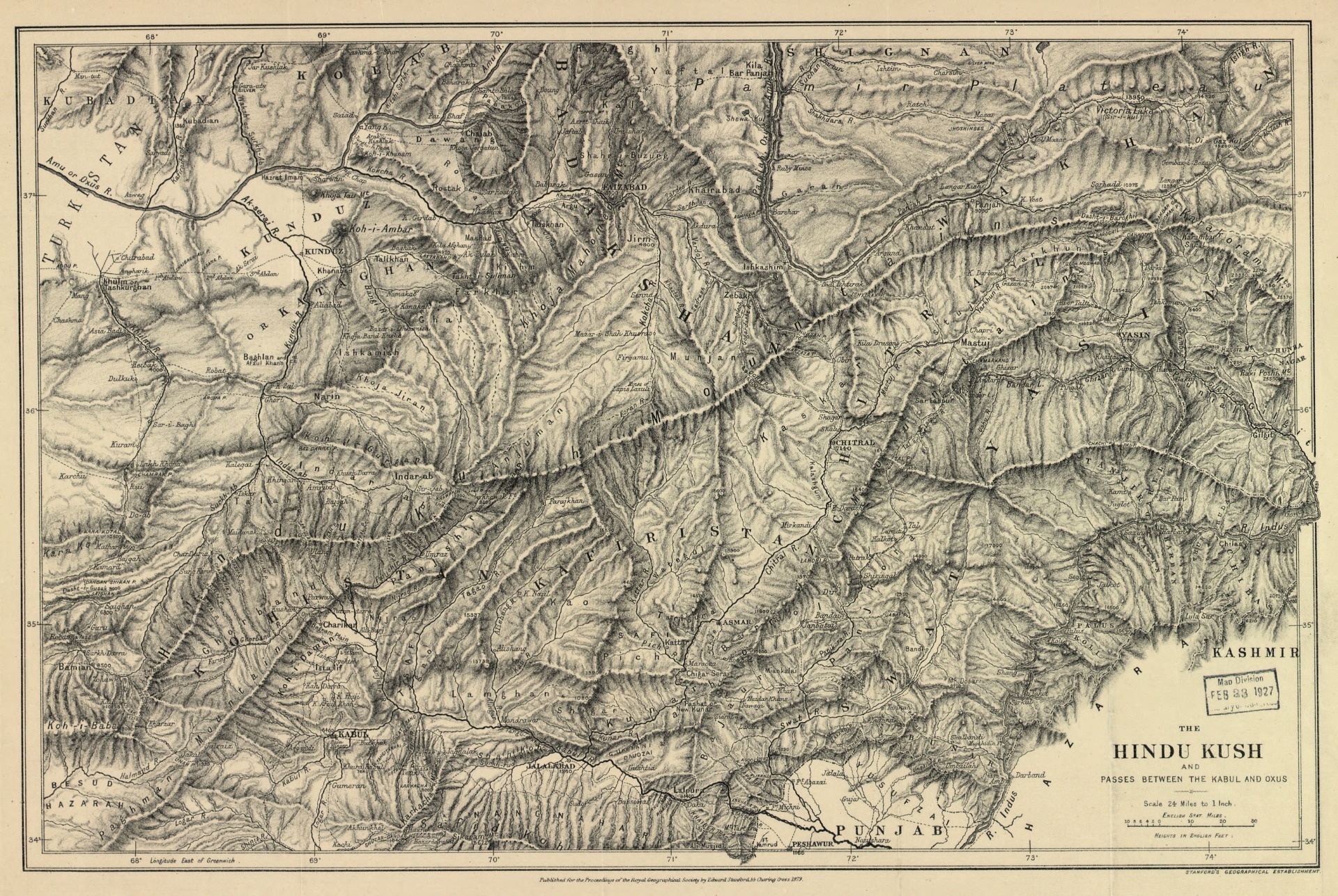 Dobová mapa Hindúkuše a průsmyků mezi Kábulem a Oxem z roku 1879